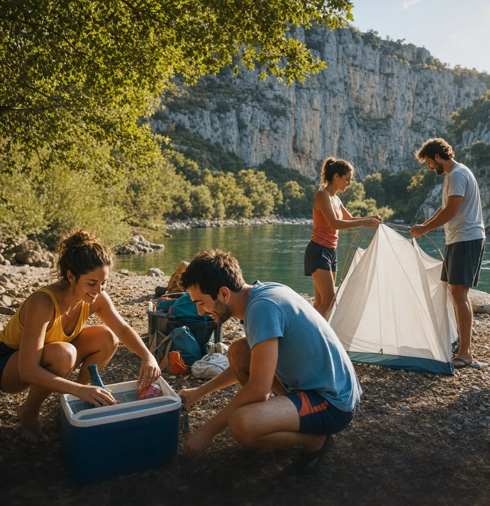 Des amis montent leur tente et remplissent la glacière au bord d’une rivière