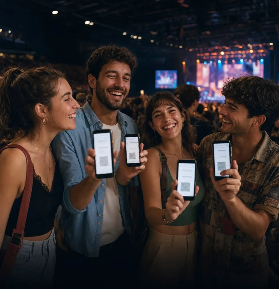 Quatre amis à un concert, téléphone à la main