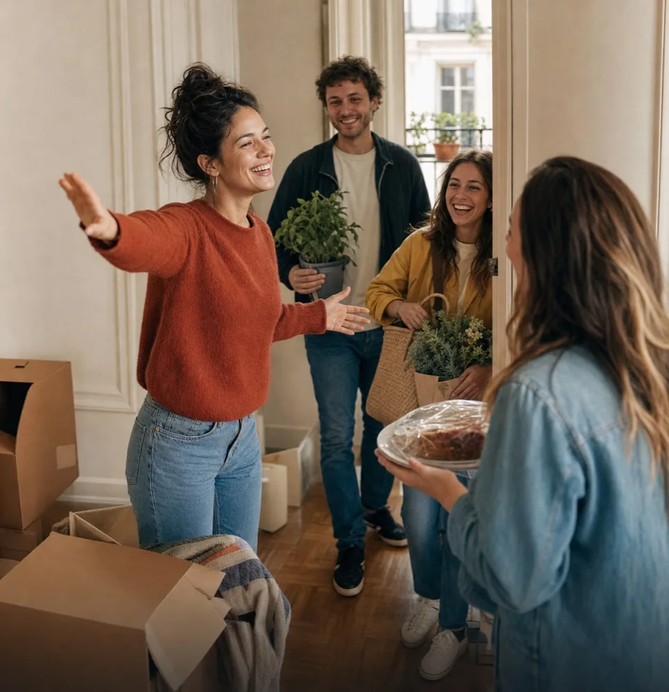 Des amis arrivent chez leur hôte avec une plante et un gâteau