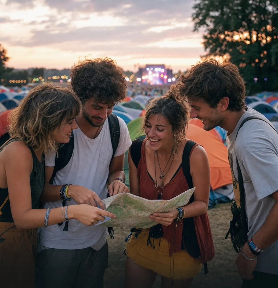 Des amis consultent une carte papier au camping d’un festival