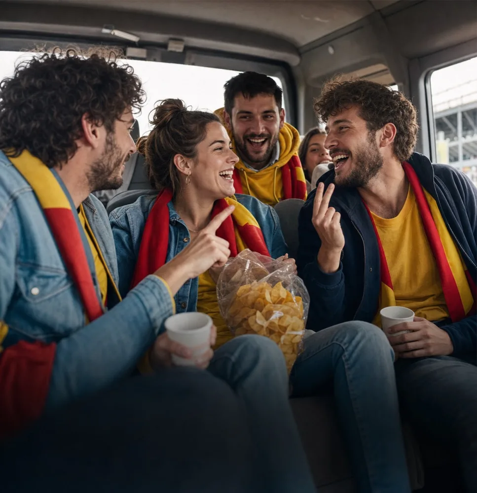 Des amis supporters, écharpe au cou, partagent des chips en route pour un match