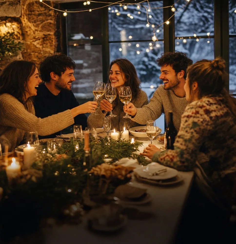 Des amis trinquent autour d’une table de fête éclairée aux bougies