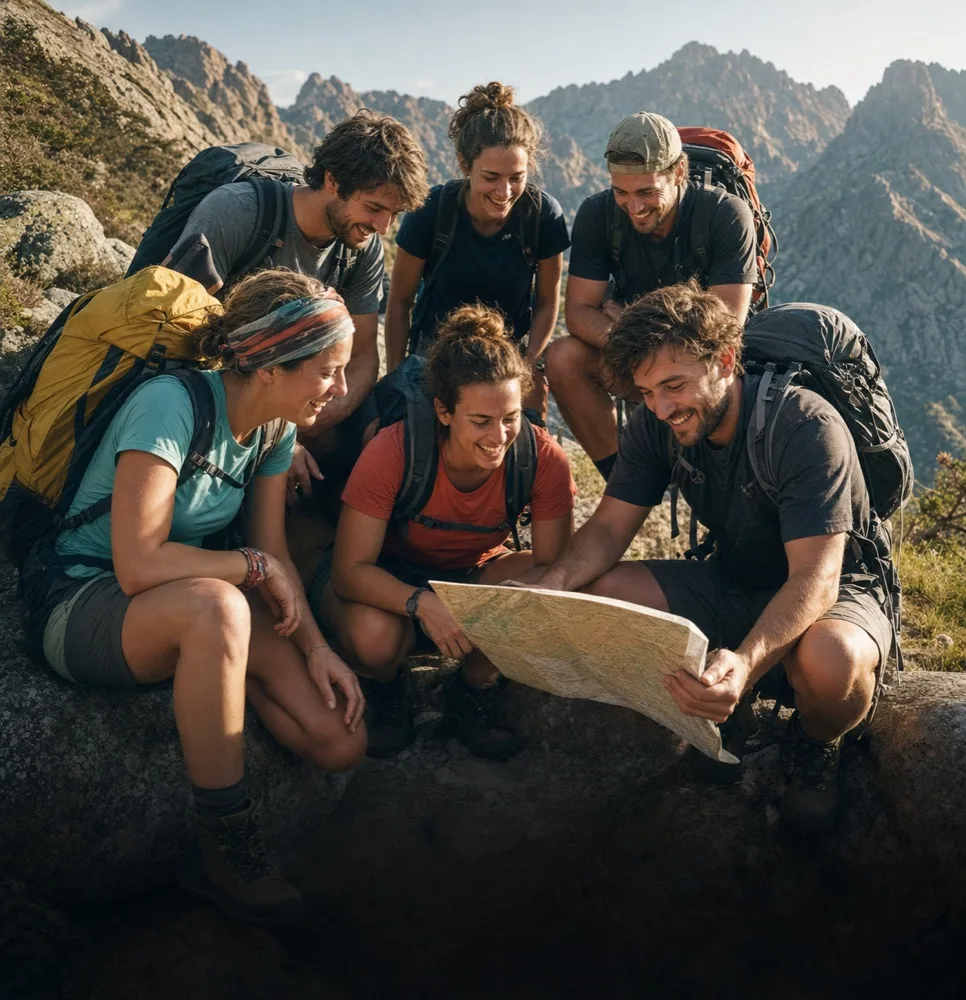 Des randonneurs consultent une carte, assis sur un rocher en montagne