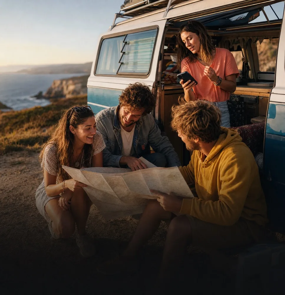 Des amis en road trip calculant leurs dépenses communes