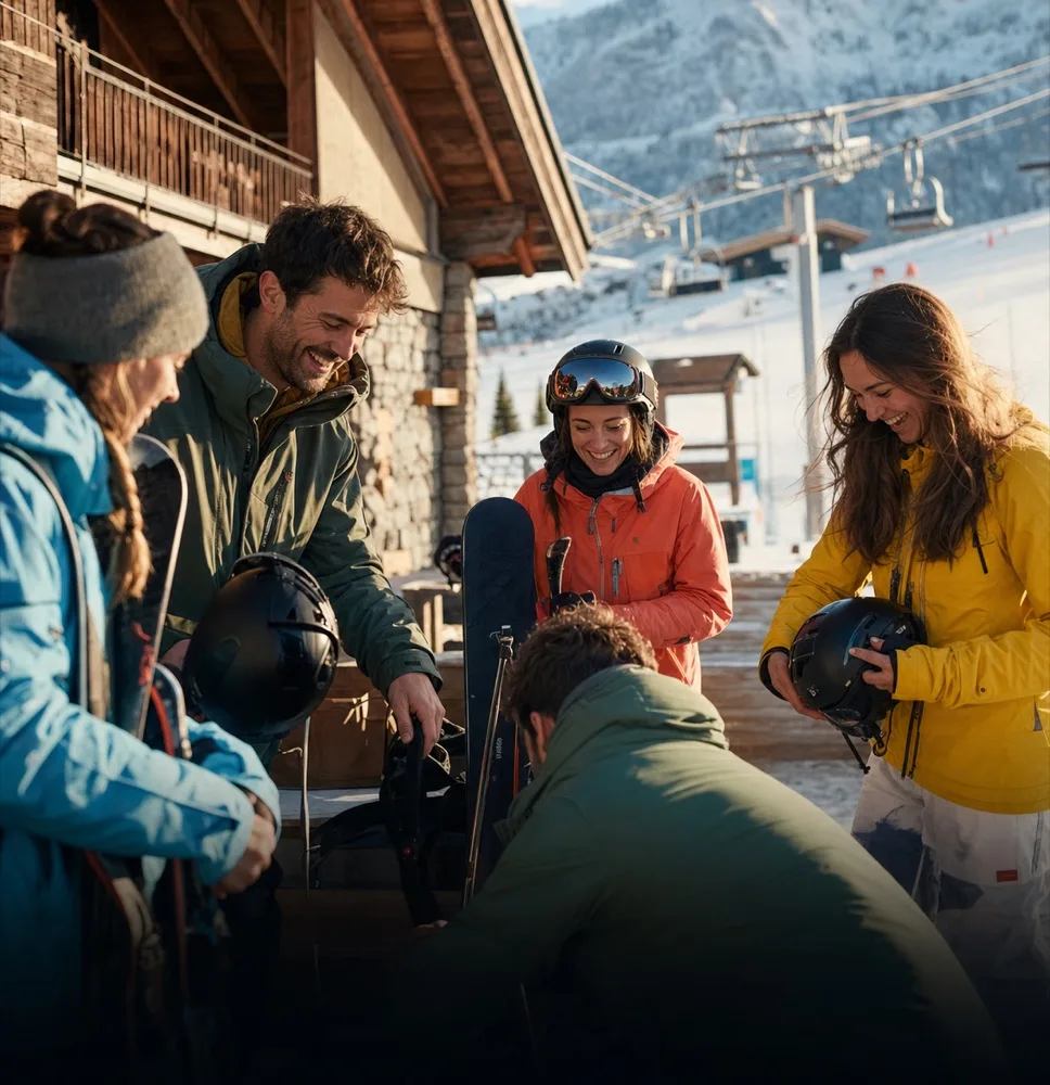 Un groupe d’amis en week-end au ski devant un chalet enneigé