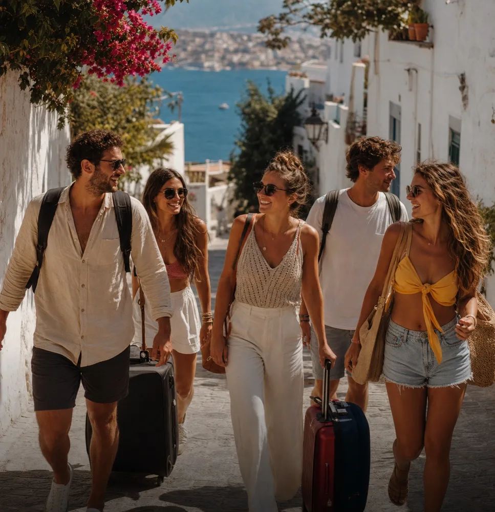 Un groupe d’amis en voyage, valises à la main, devant un logement de vacances