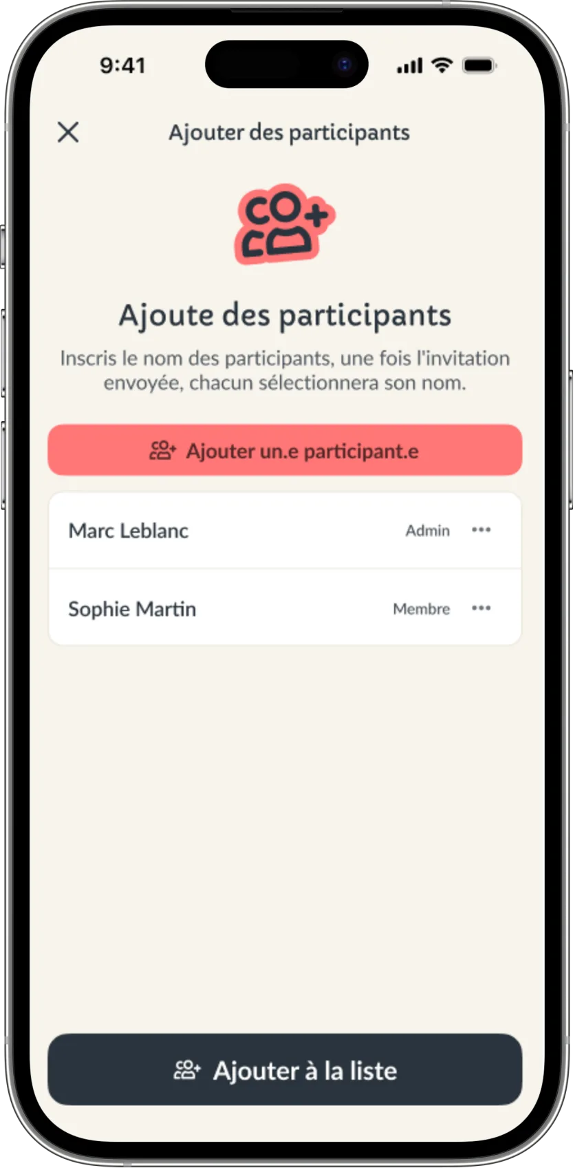 Écran d’ajout de participants à un événement Yatu : le lien d’invitation et la liste des personnes déjà présentes