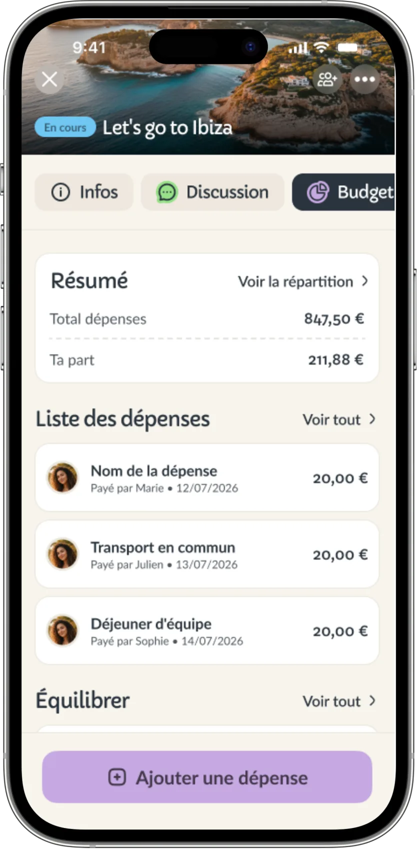 Écran budget d’un événement Yatu : le total des dépenses, la part de chaque participant et la liste des dépenses avec le nom de celui qui a payé