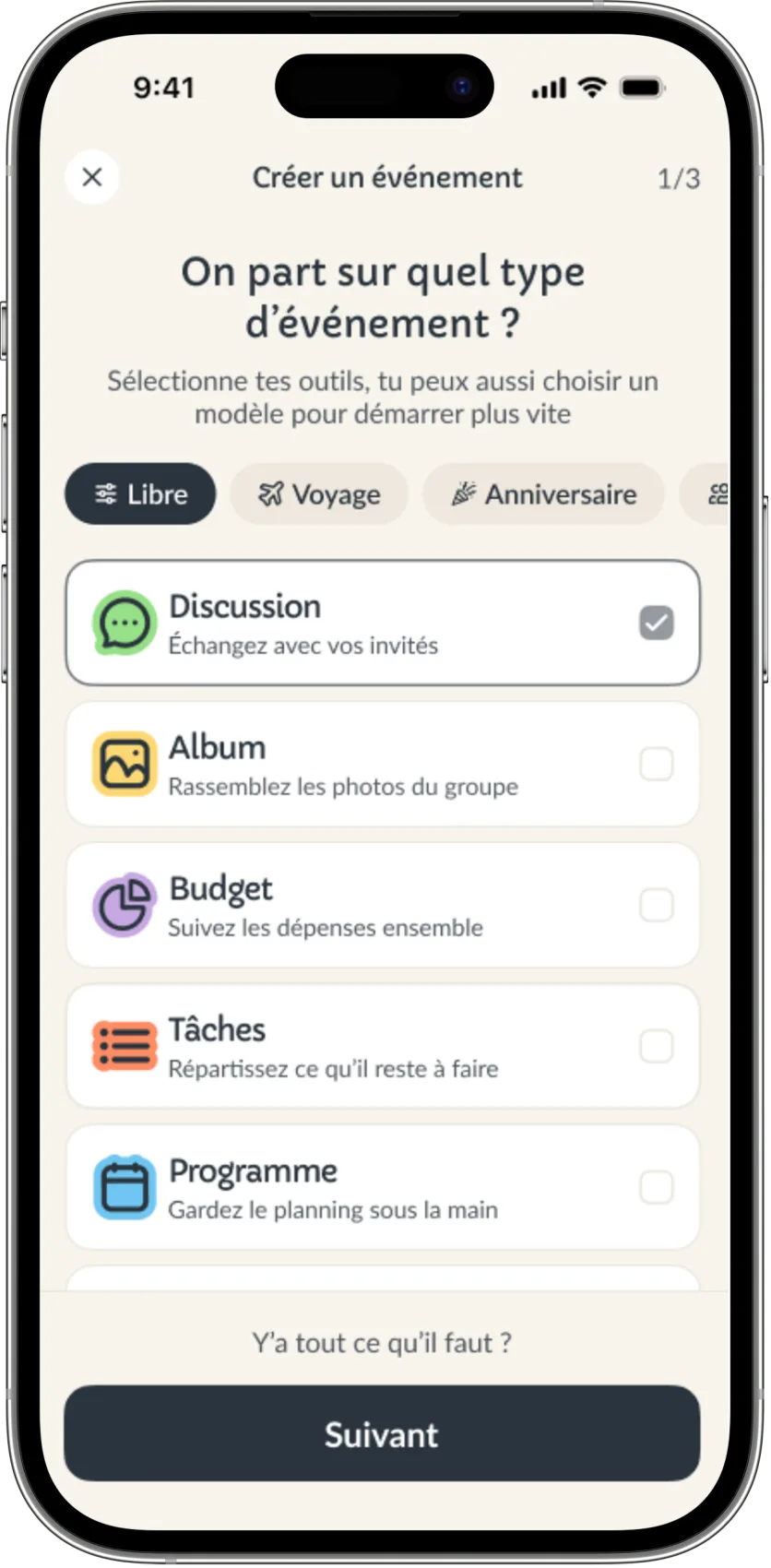 Écran de création d’un événement Yatu : le nom, les dates et le choix des modules à activer