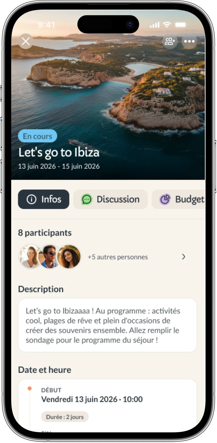 Écran d’un événement Yatu : le nom de l’événement, les participants, la description et les onglets Infos, Discussion et Budget